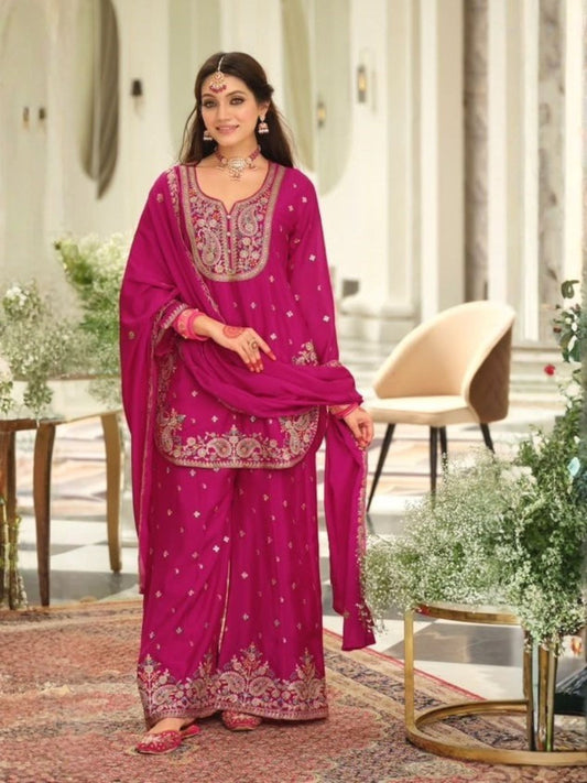 Pink Embroidered Palazzo Kurta Set in Chinon