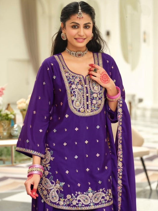 Festive Purple Embroidered Palazzo Suit Set