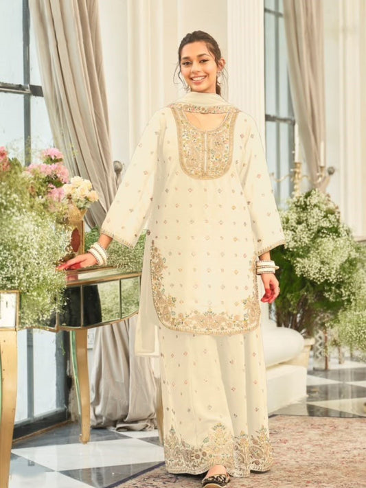 Off White Embroidered Palazzo Suit Set in Chinon