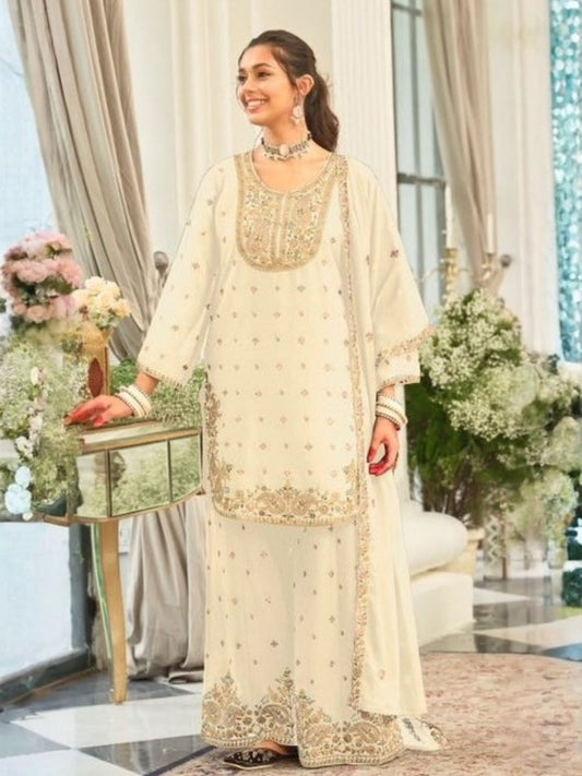 Off White Embroidered Palazzo Suit Set in Chinon