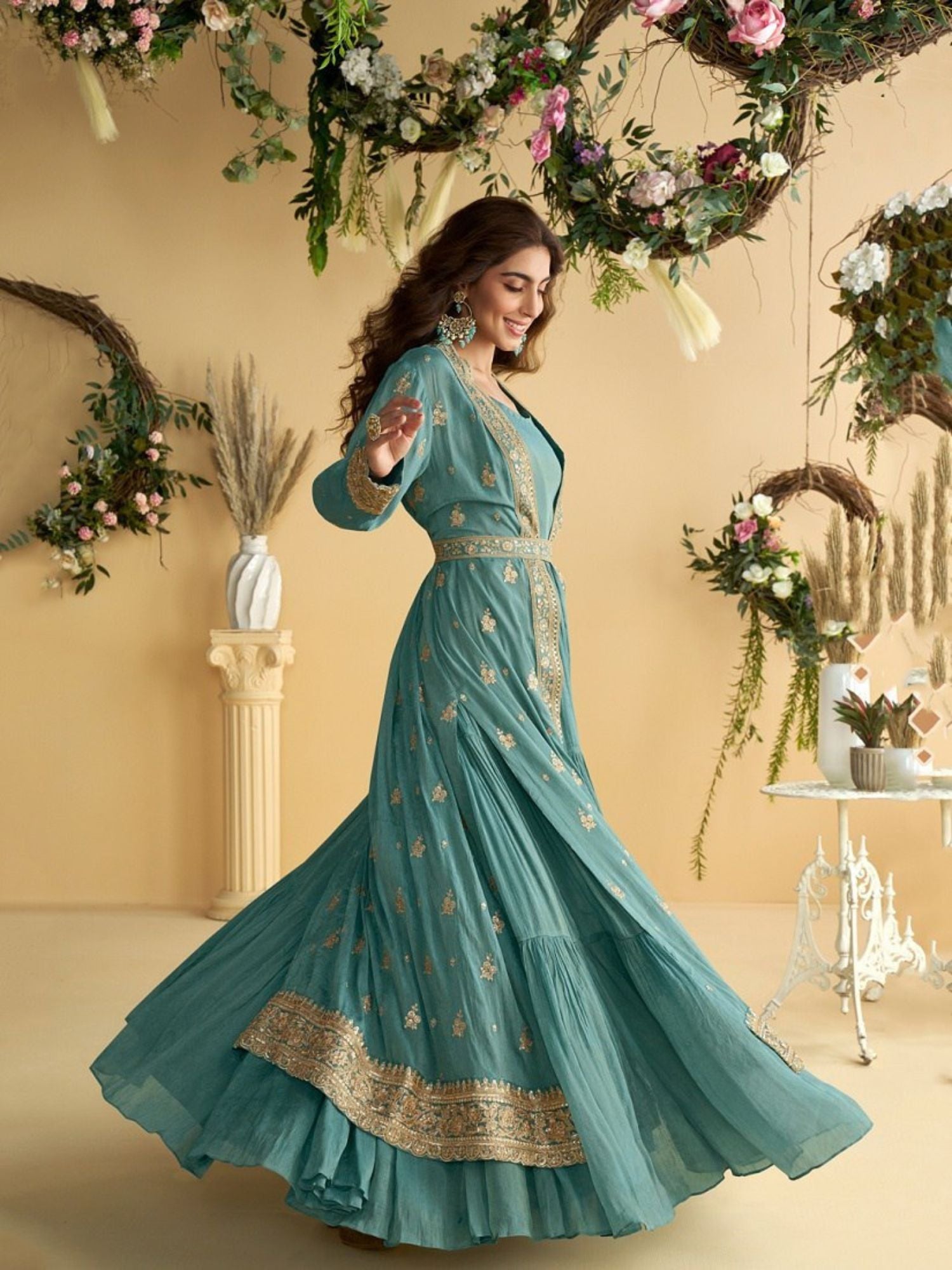 Teal Blue Chinon Silk Embroidered Gown With Shrug