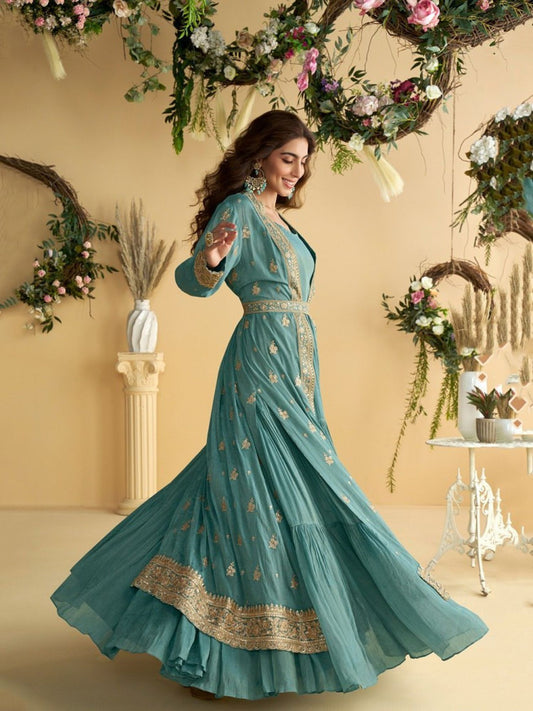 Teal Blue Chinon Silk Embroidered Gown With Shrug