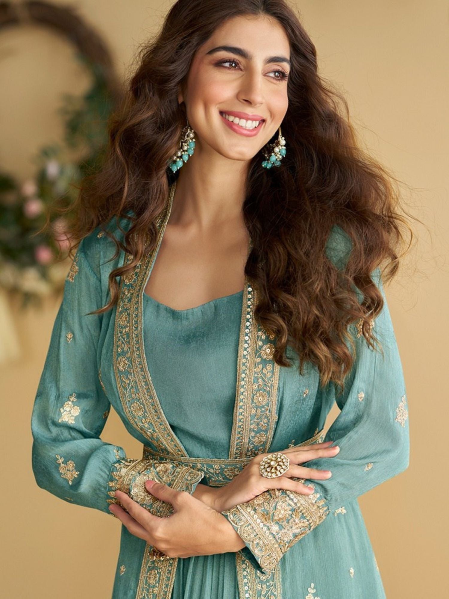 Teal Blue Chinon Silk Embroidered Gown With Shrug