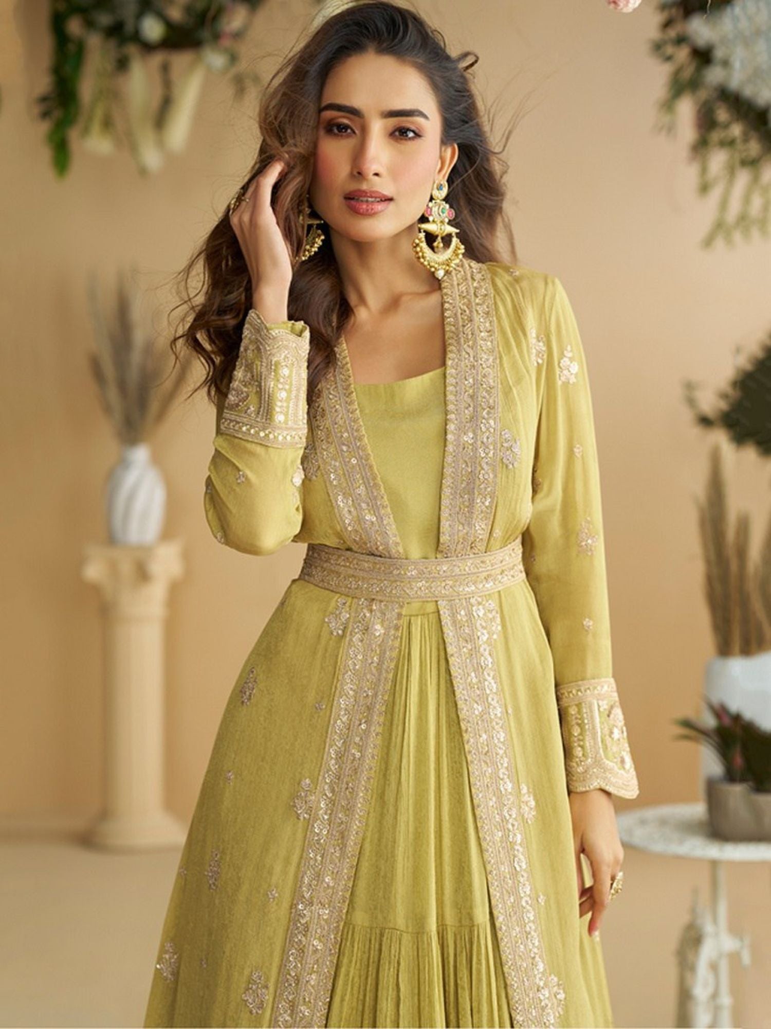 Lime Green Chinon Silk Embroidered Party Wear Gown with Shrug