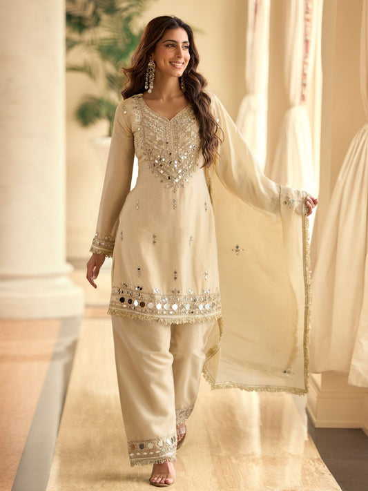 Cream Mirror Embroidery Palazzo Suit