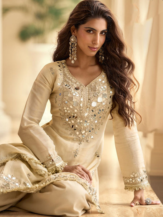 Cream Mirror Embroidery Palazzo Suit