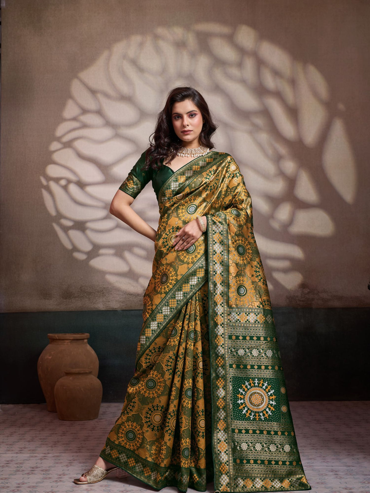 Mustard & Green Zari Meenakari Woven Saree