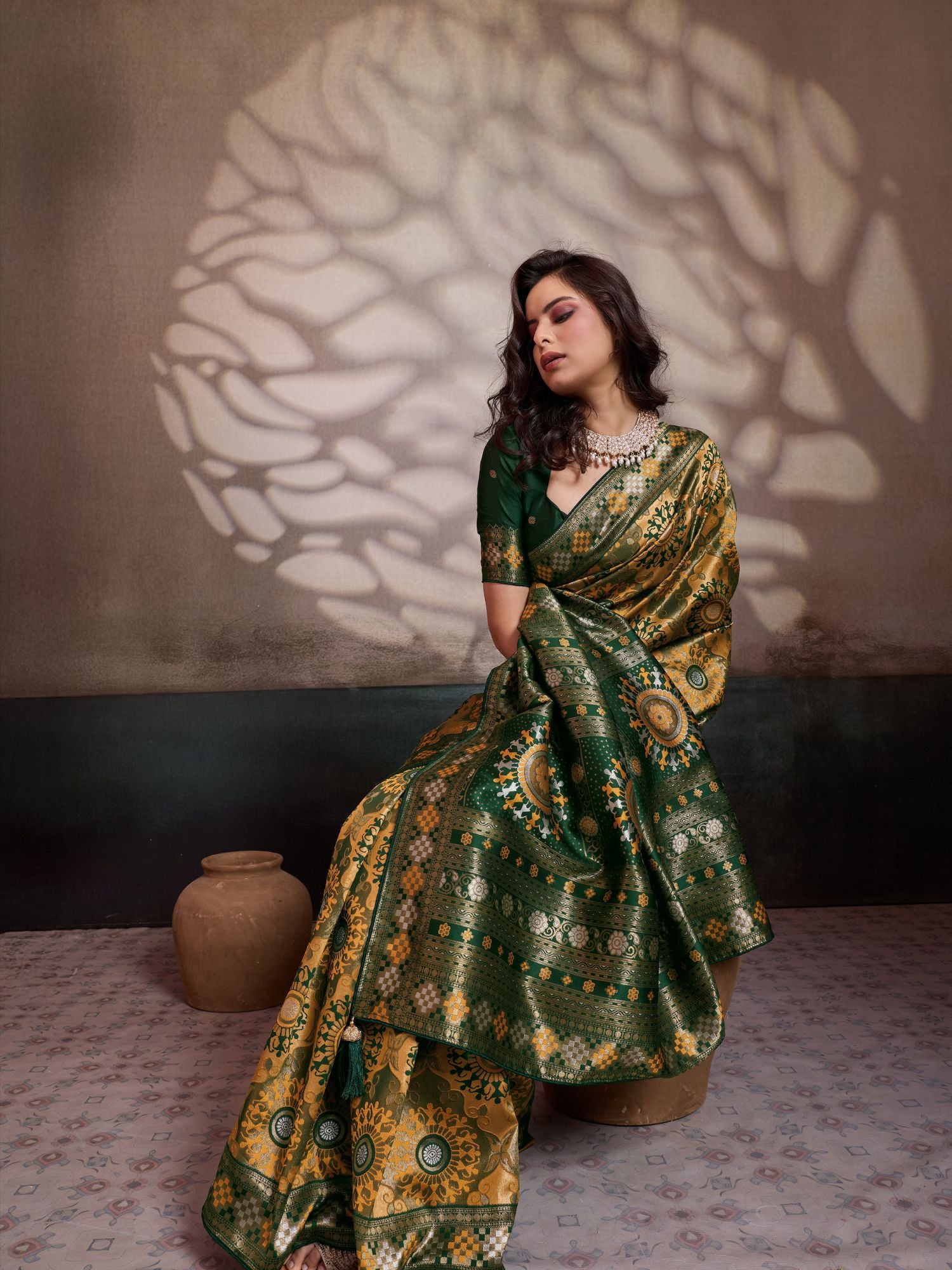 Mustard & Green Zari Meenakari Woven Saree