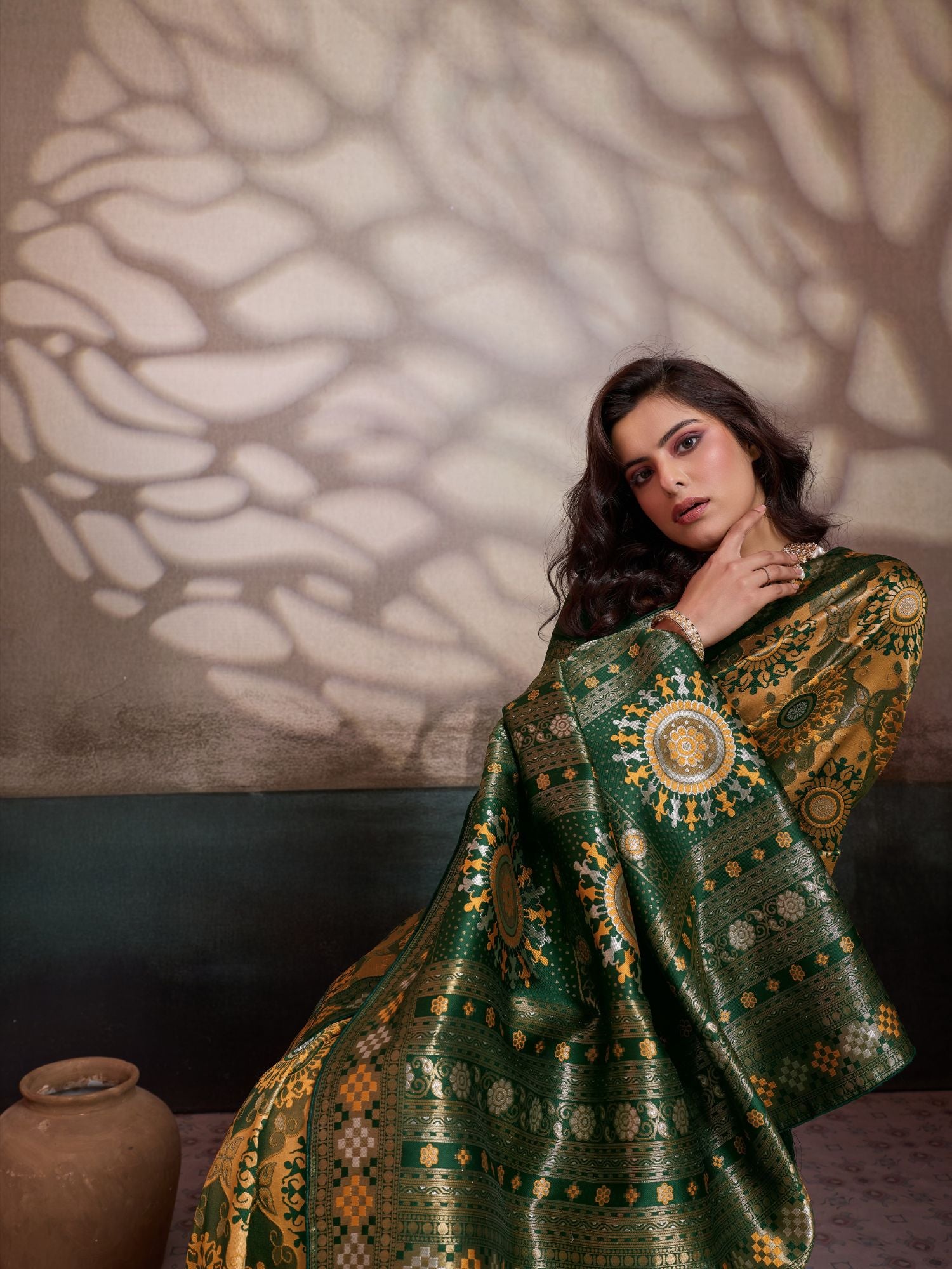 Mustard & Green Zari Meenakari Woven Saree