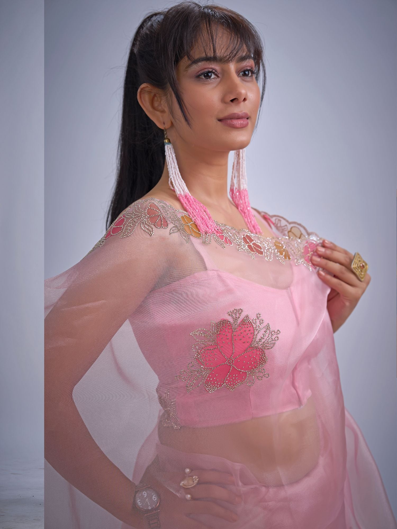 Baby Pink Organza Saree Stone Work
