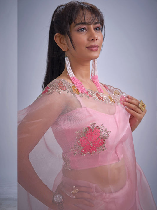 Baby Pink Organza Saree Stone Work