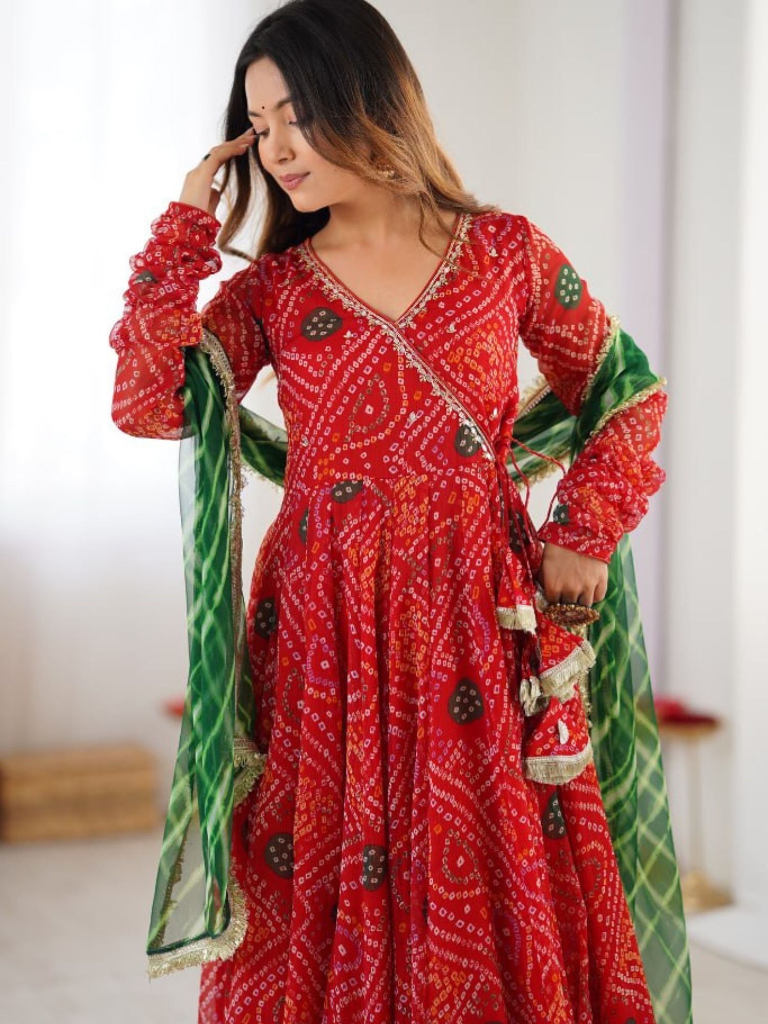 Red Bandhej Georgette Angrakha Suit with Green Lehariya Dupatta