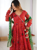 Red Bandhej Georgette Angrakha Suit with Green Lehariya Dupatta