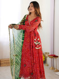 Red Bandhej Georgette Angrakha Suit with Green Lehariya Dupatta