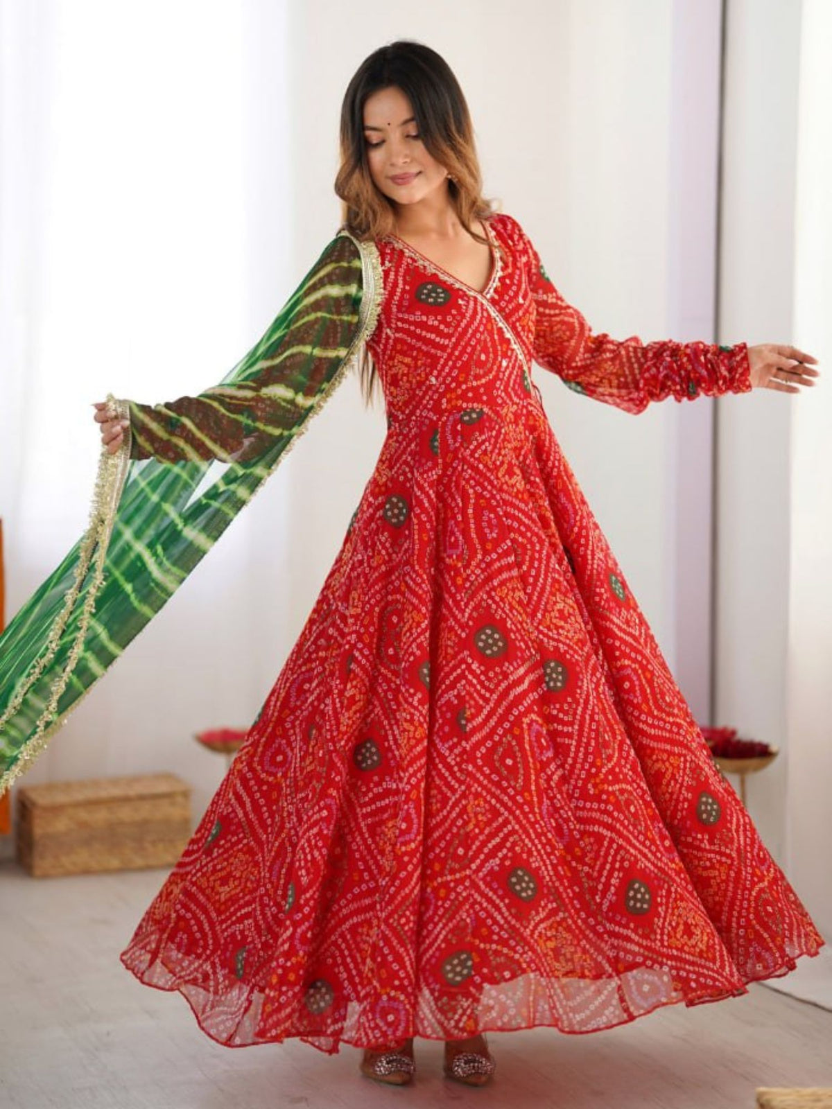 Red Bandhej Georgette Angrakha Suit with Green Lehariya Dupatta