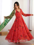Red Bandhej Georgette Angrakha Suit with Green Lehariya Dupatta