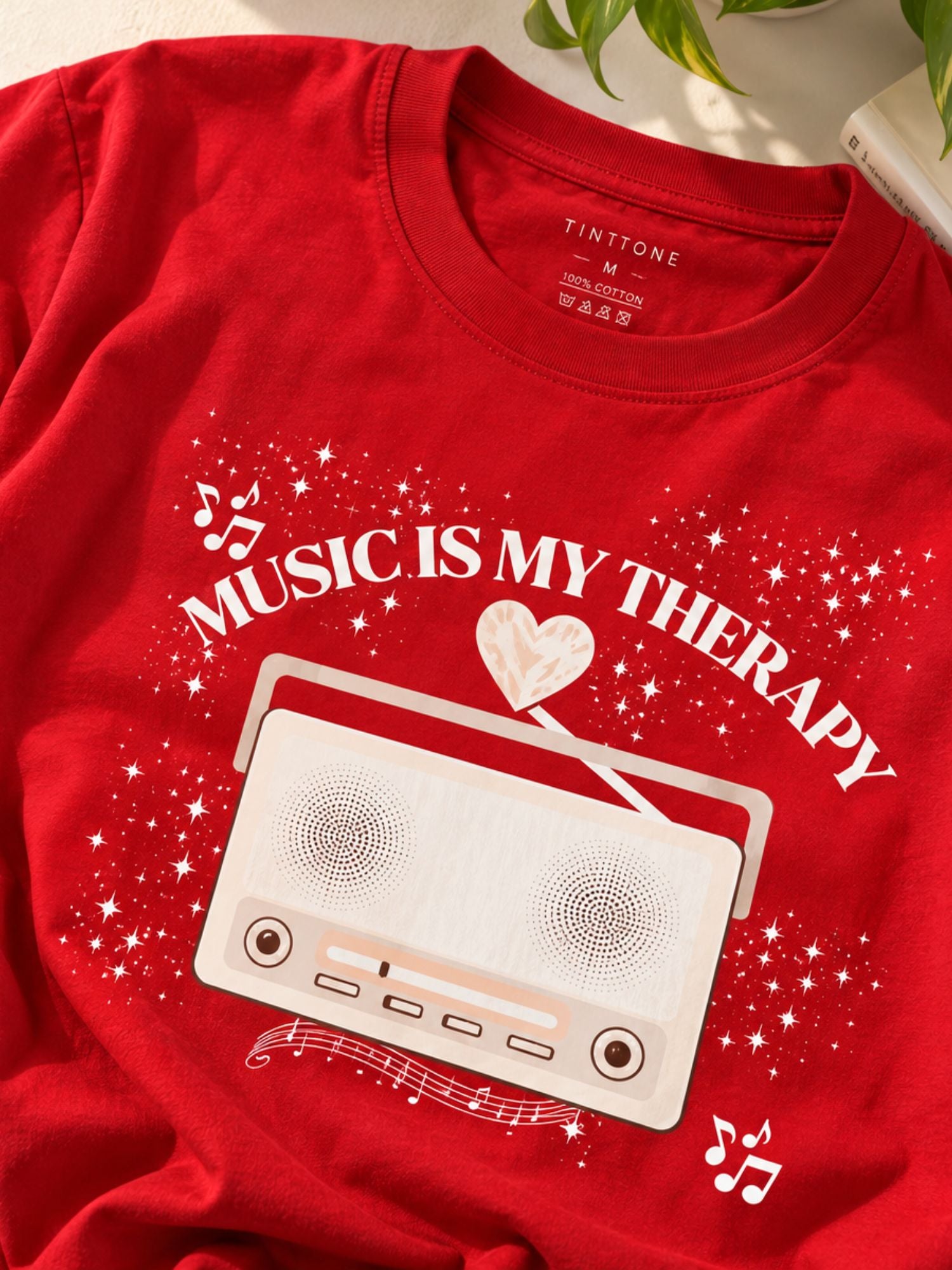Red Music Therapy Graphic Printed Oversized T-Shirt for Women