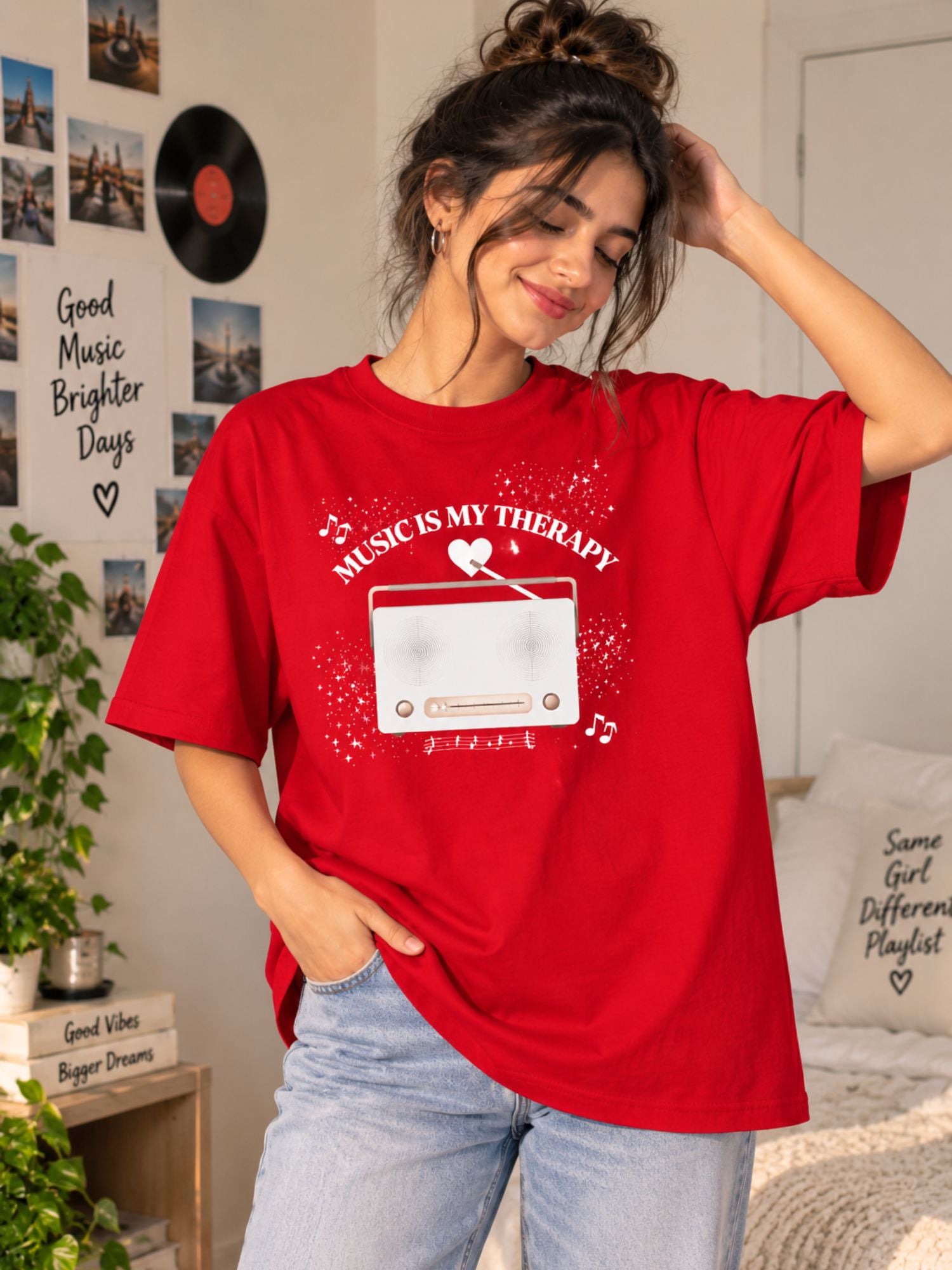 Red Music Therapy Graphic Printed Oversized T-Shirt for Women