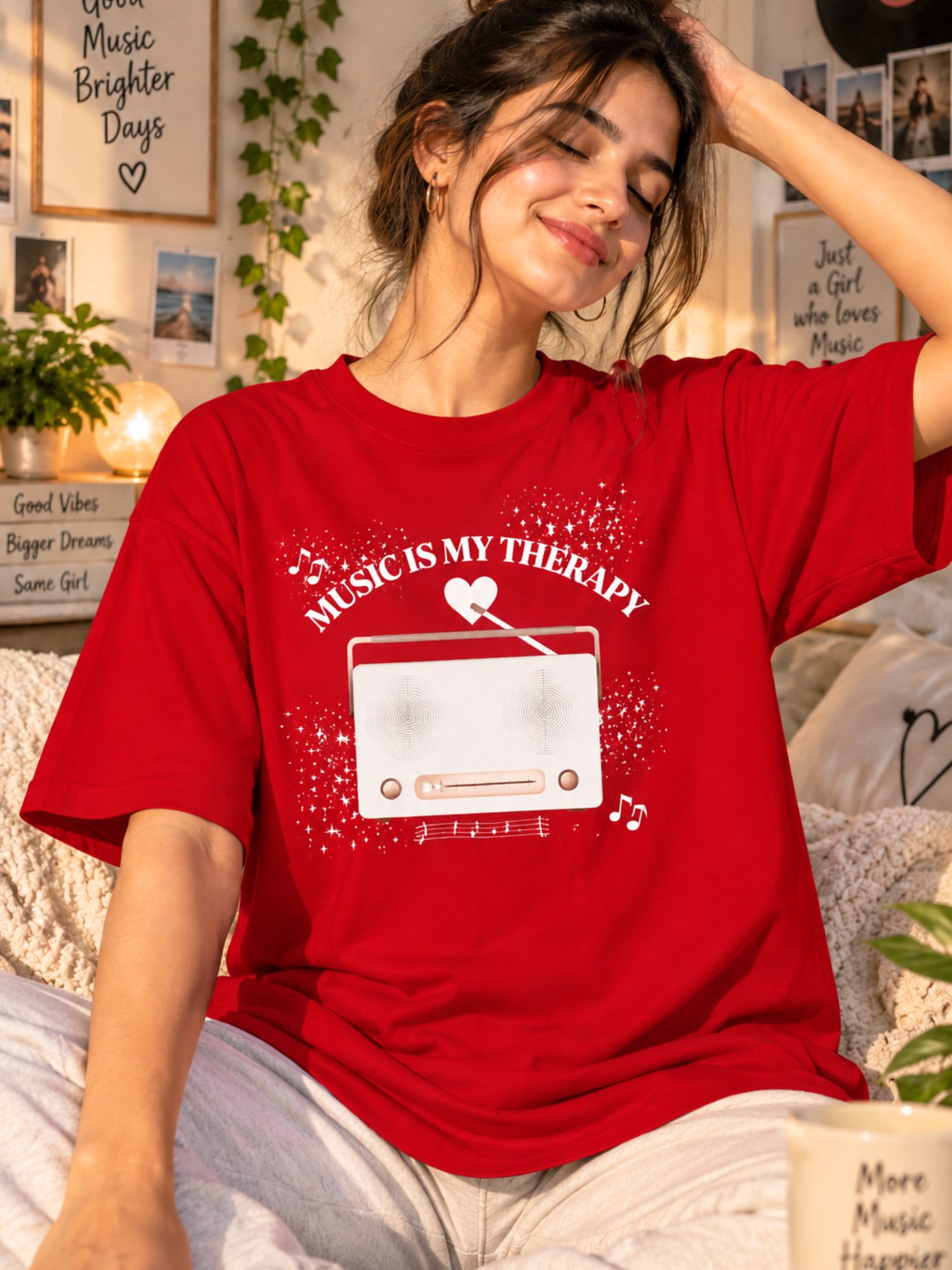 Red Music Therapy Graphic Printed Oversized T-Shirt for Women