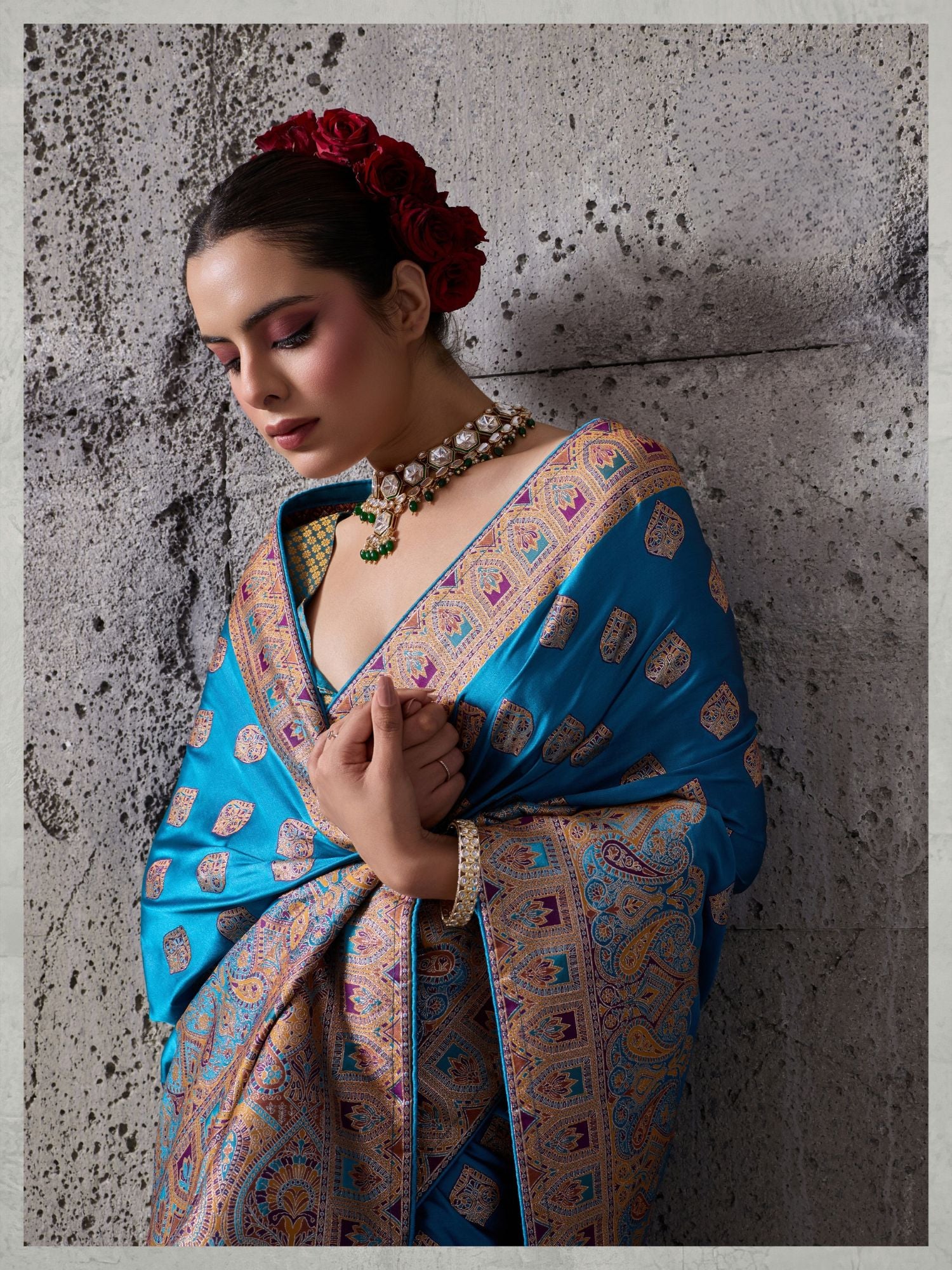 Peacock Blue Woven Saree in Satin Silk