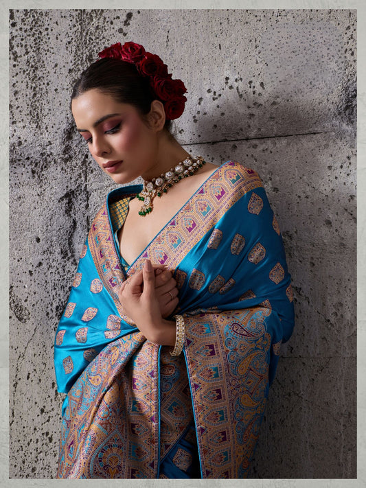 Peacock Blue Woven Saree in Satin Silk