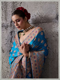 Peacock Blue Woven Saree in Satin Silk