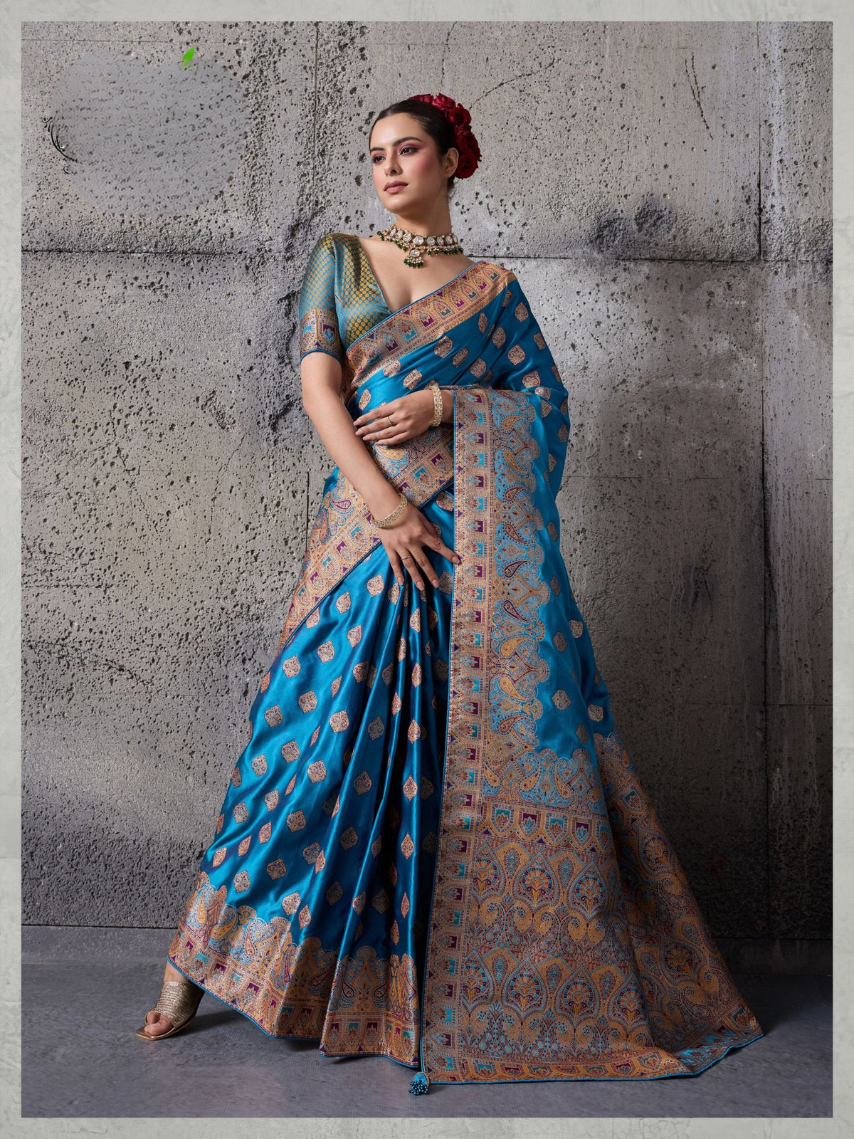 Peacock Blue Woven Saree in Satin Silk
