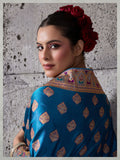 Peacock Blue Woven Saree in Satin Silk