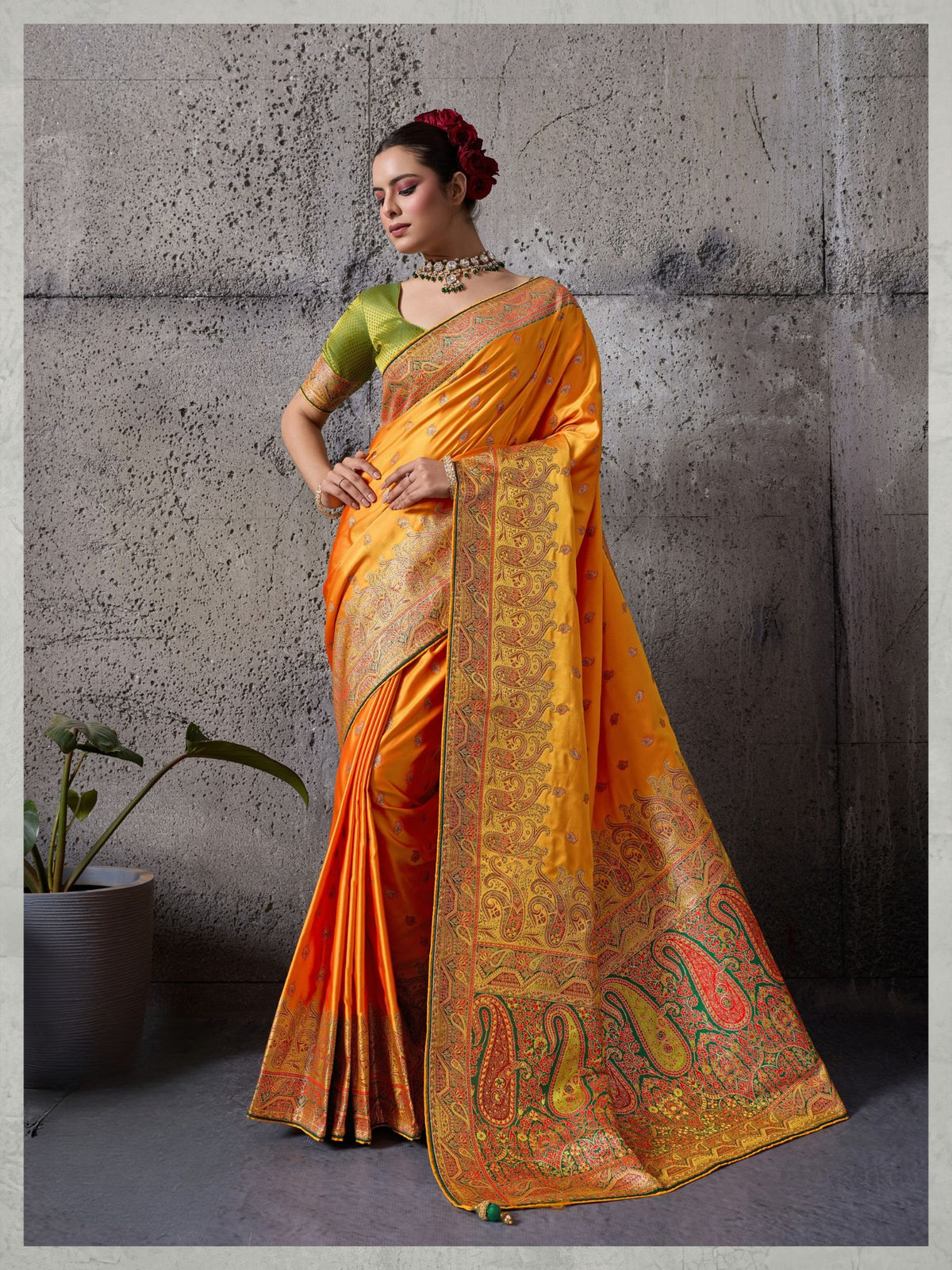 Orange Satin Silk Wedding Wear Saree