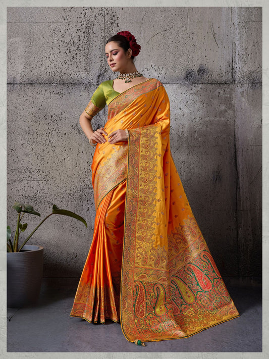 Orange Satin Silk Wedding Wear Saree