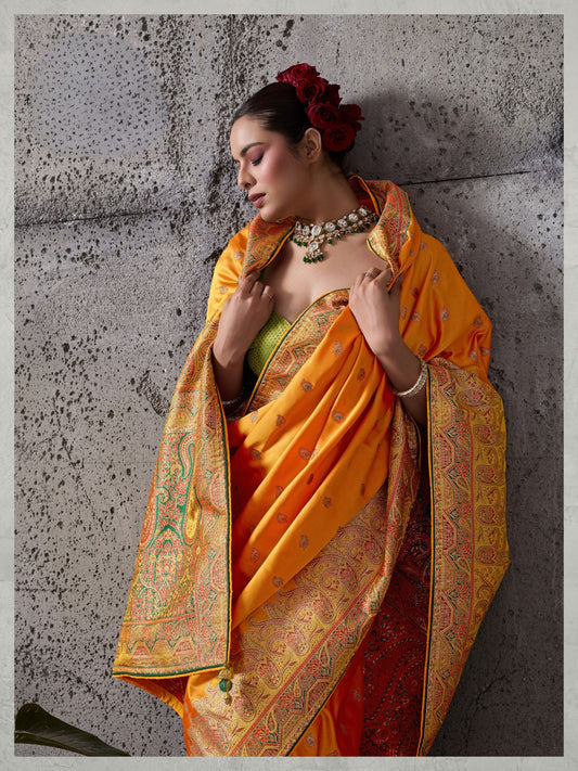 Orange Satin Silk Wedding Wear Saree
