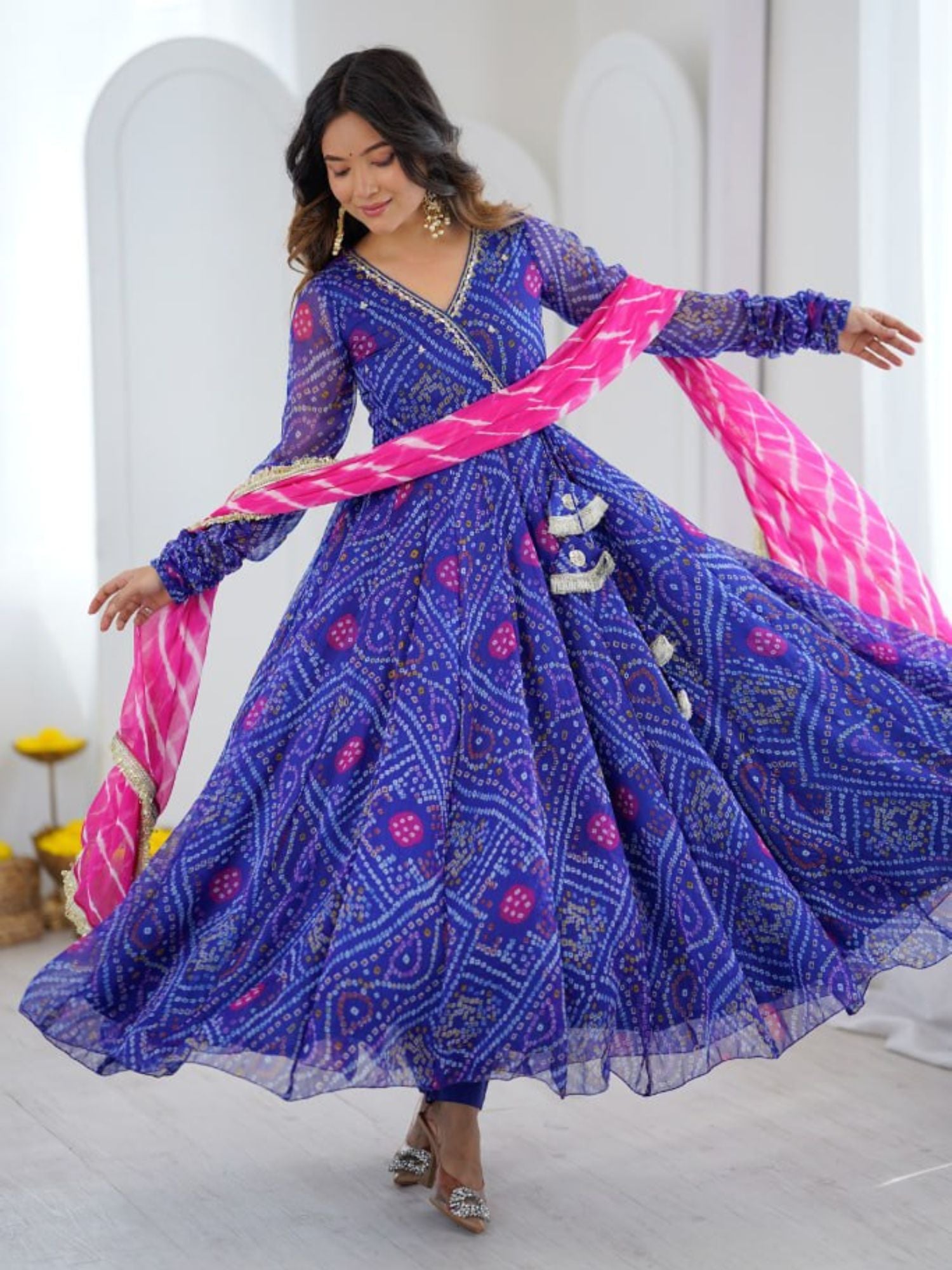 Royal Blue Bandhej Print Angrakha Suit in Georgette