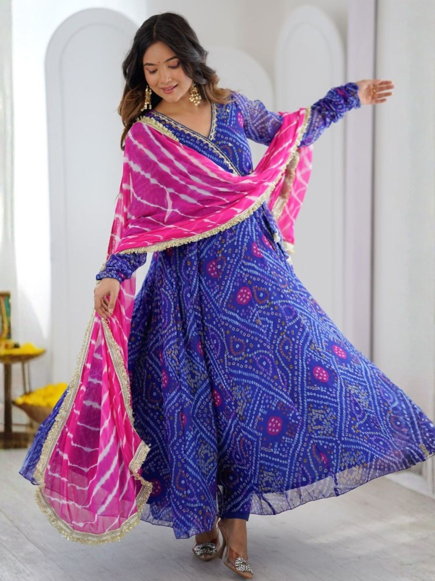 Royal Blue Bandhej Print Angrakha Suit in Georgette