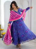 Royal Blue Bandhej Print Angrakha Suit in Georgette