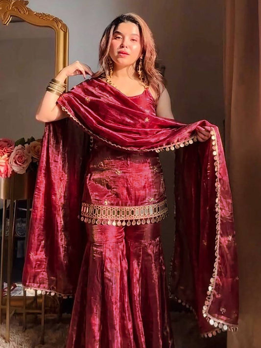Royal Maroon Embroidered Sharara Set