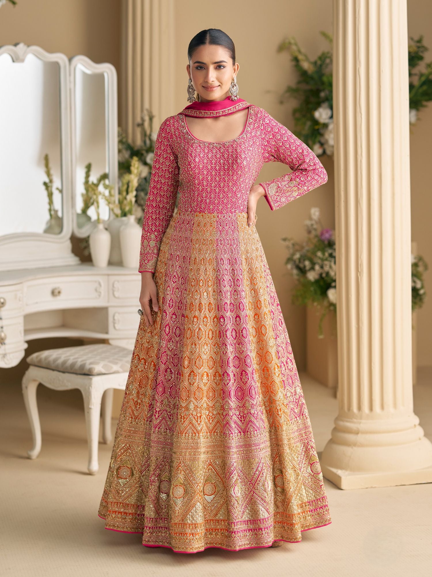 Pink Embroidered Anarkali Dupatta Set in Georgette