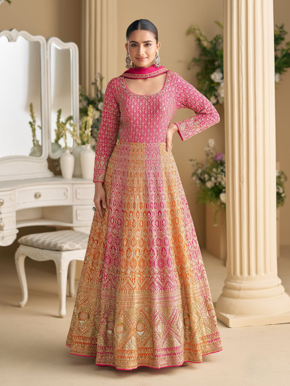 Pink Embroidered Anarkali Dupatta Set in Georgette