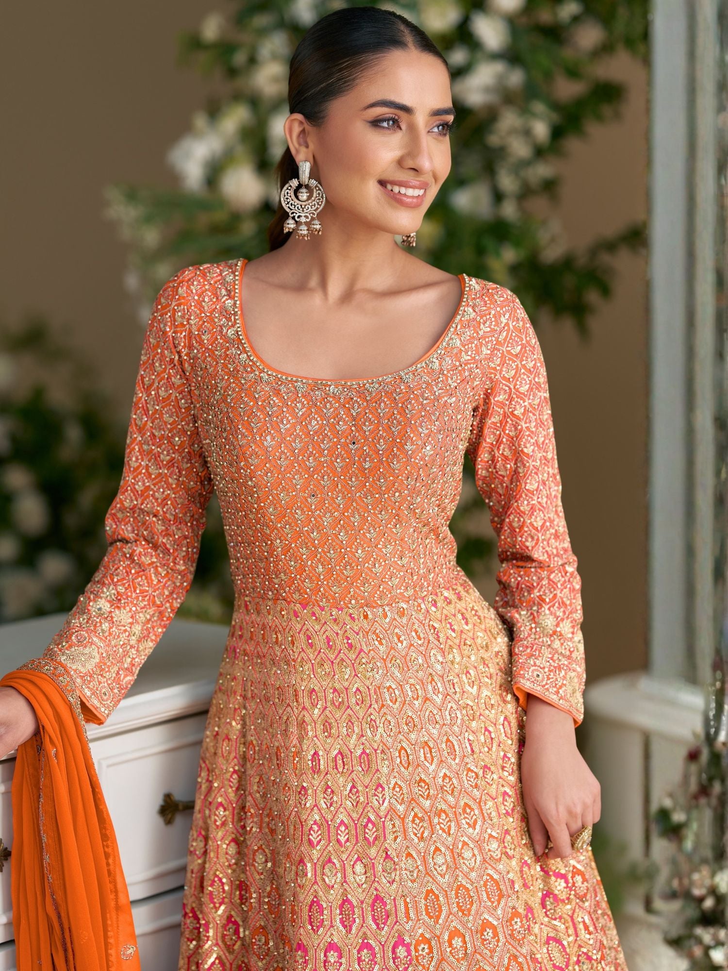 Festive Orange Embroidered Anarkali Dupatta Set