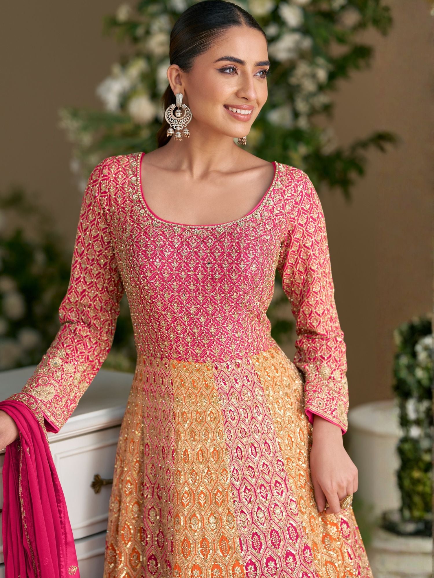 Pink Embroidered Anarkali Dupatta Set in Georgette