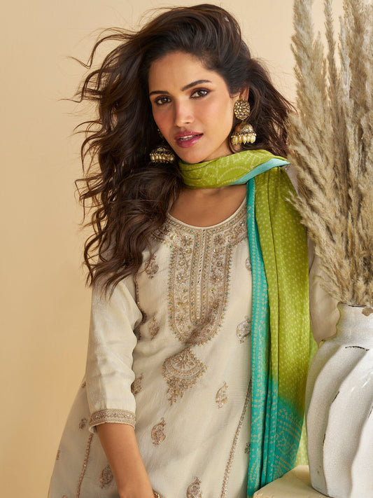 Cream Embroidered Kurta with Green Sharara Suit
