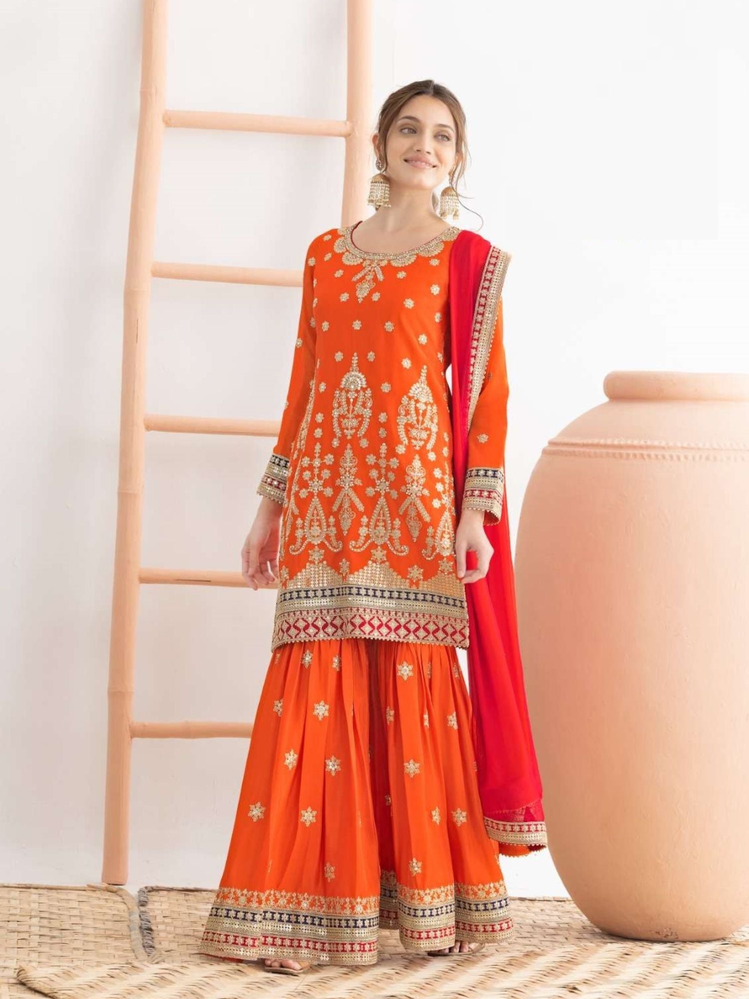 Orange Embroidered Sharara Suit In Chinon