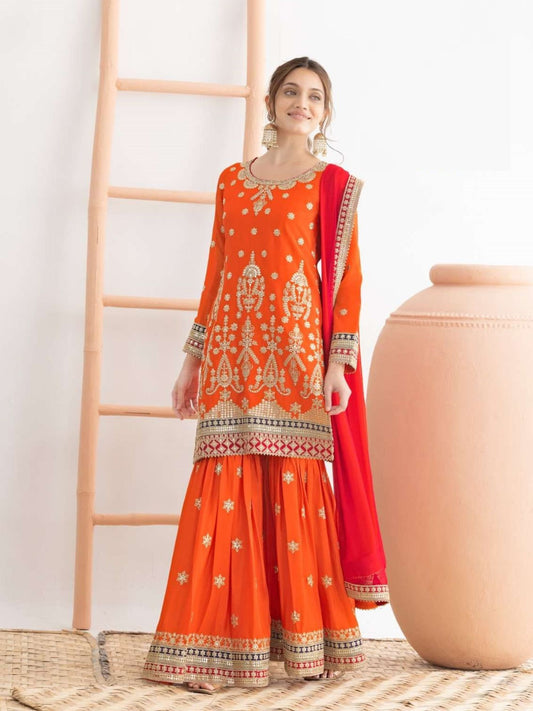 Orange Embroidered Sharara Suit In Chinon