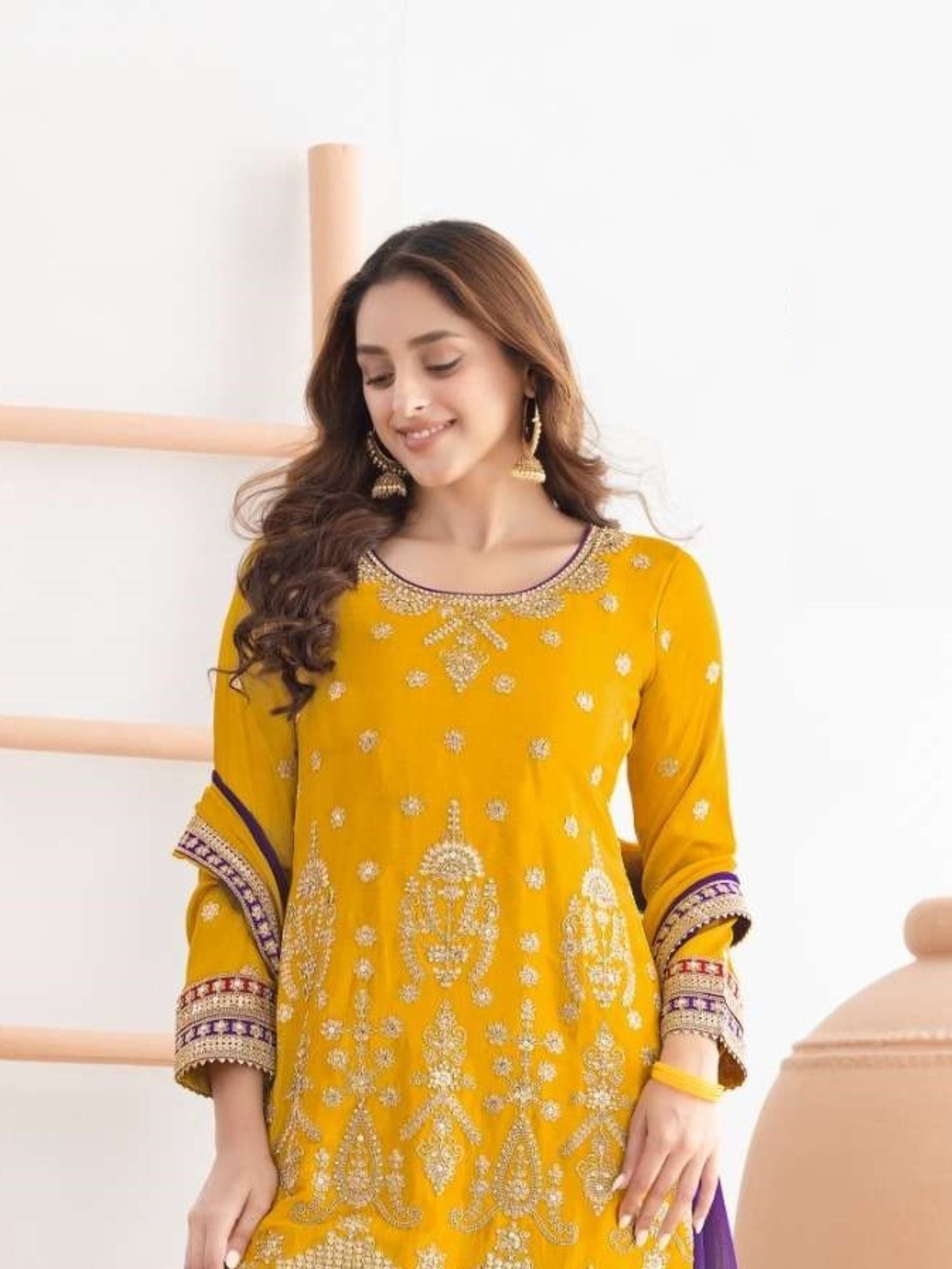 Mustard Embroidered Sharara Suit in Chinon
