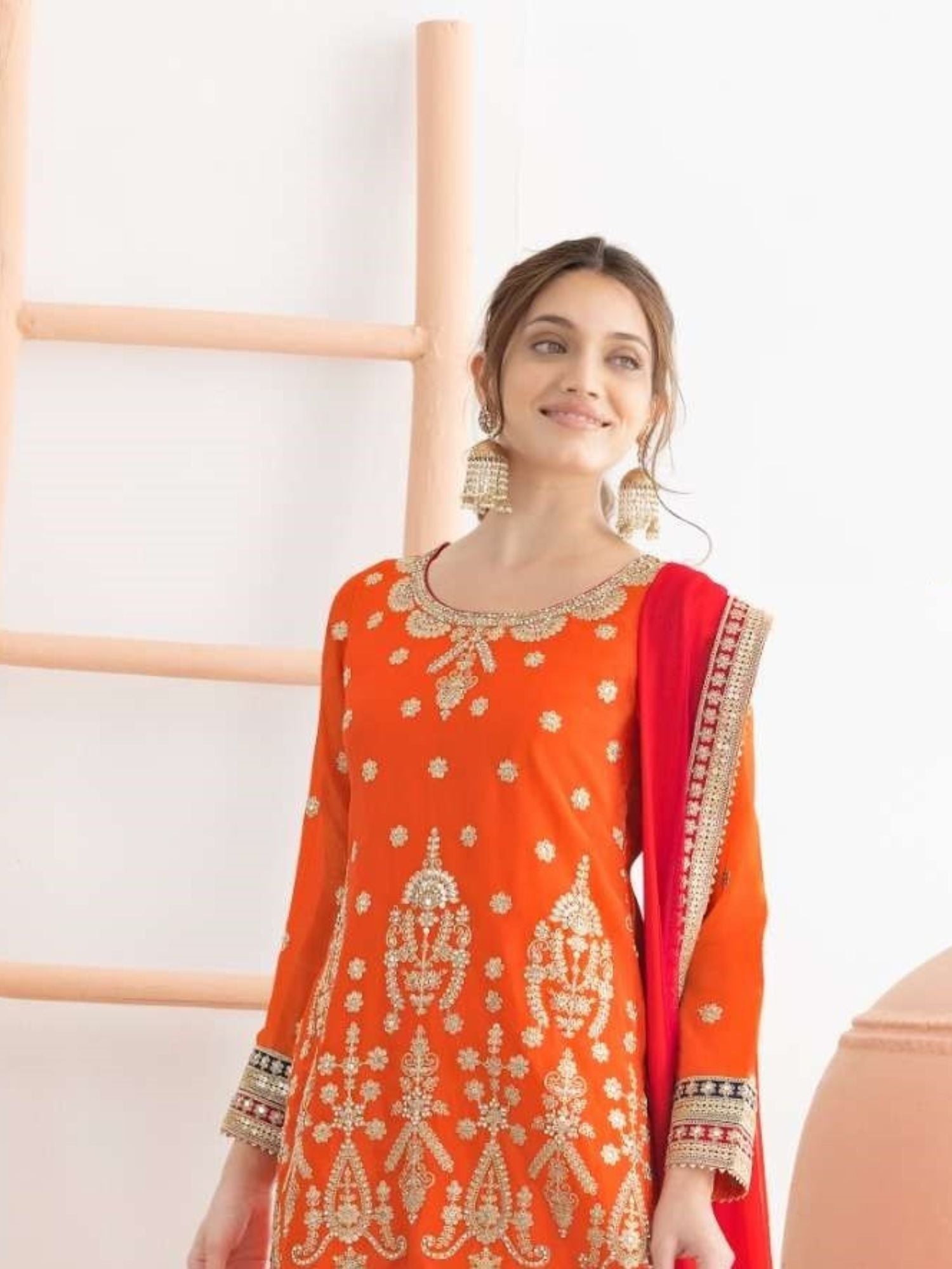 Orange Embroidered Sharara Suit In Chinon