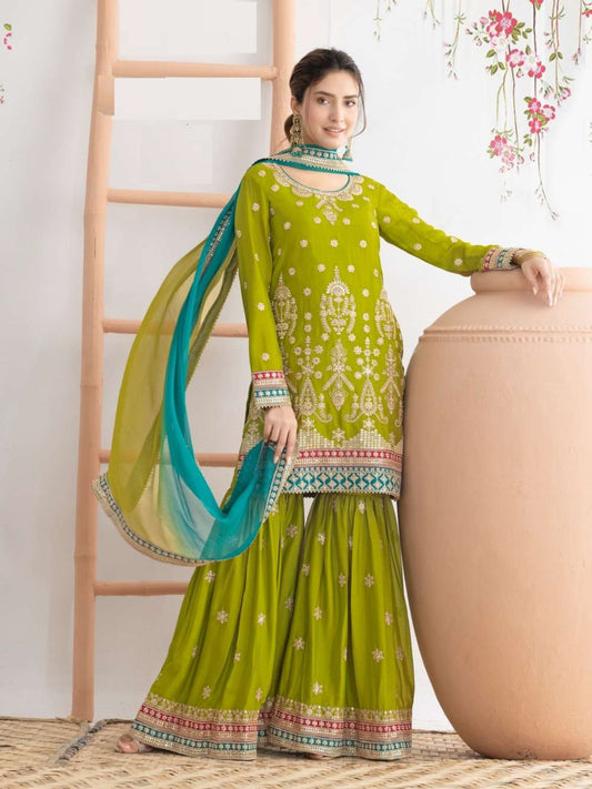 Green Embroidered Sharara Suit In Chinon
