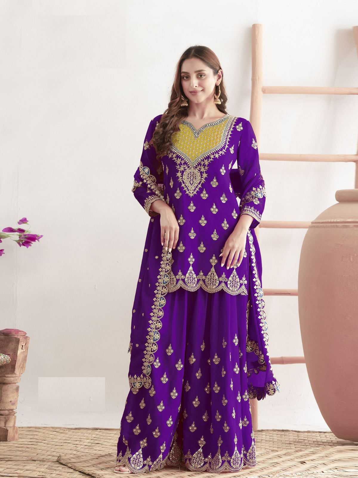 Purple Zari & Sequins Embellished Suit Set