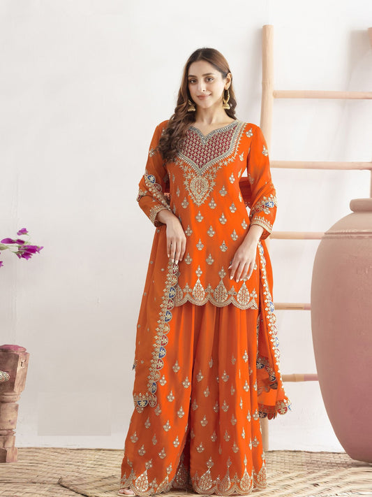 Orange Zari & Sequins Embellished Suit Set