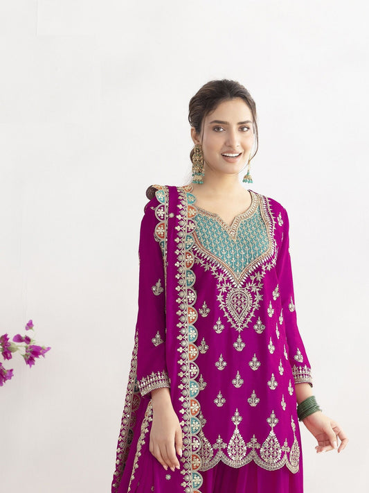 Magenta Zari & Sequins Embellished Suit Set