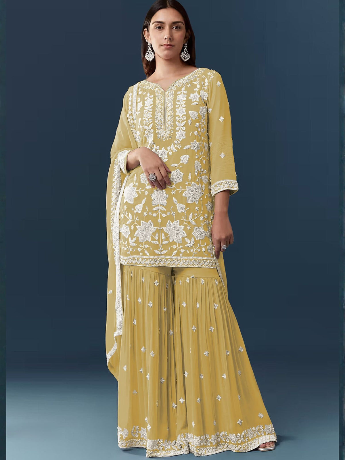 Pastel Yellow Chikankari Embroidered Suit Set with Dupatta
