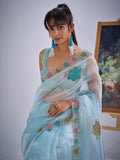 Organza Sky Blue Saree with Embroidery